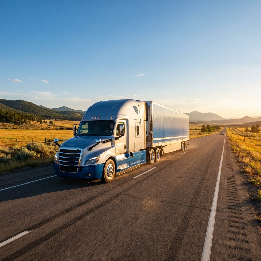 Semi truck driving on a long highway journey