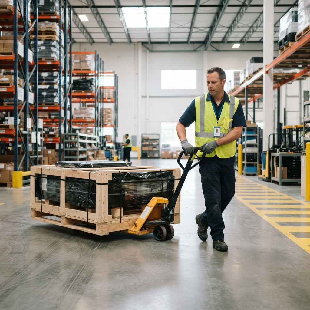 Warehouse worker organizing an oversized pallet