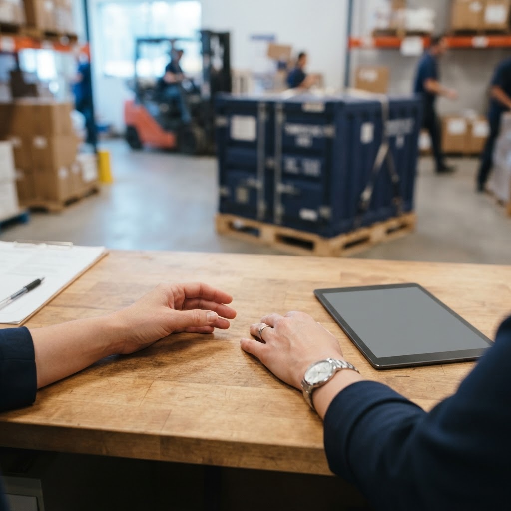 Logistics manager at a desk with specialized freight gear