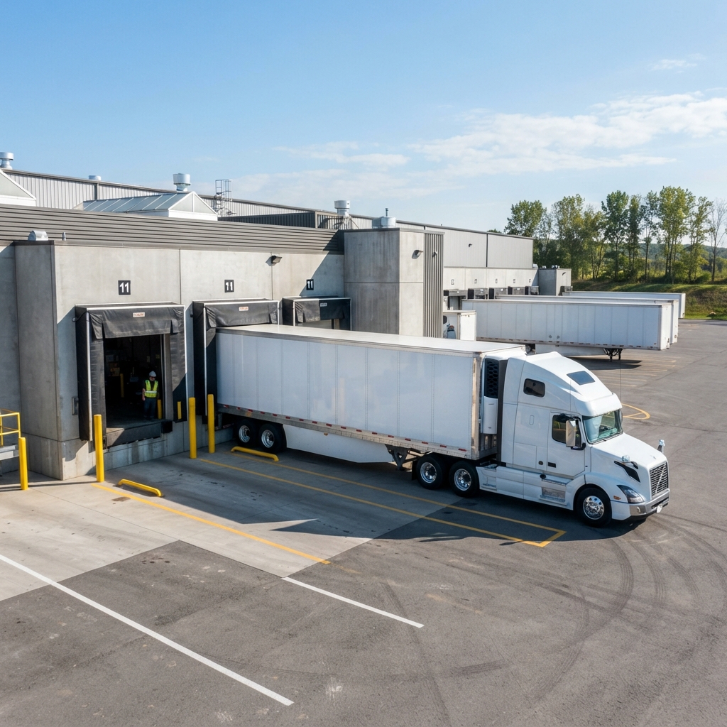 Refrigerated transport truck backing into a loading dock