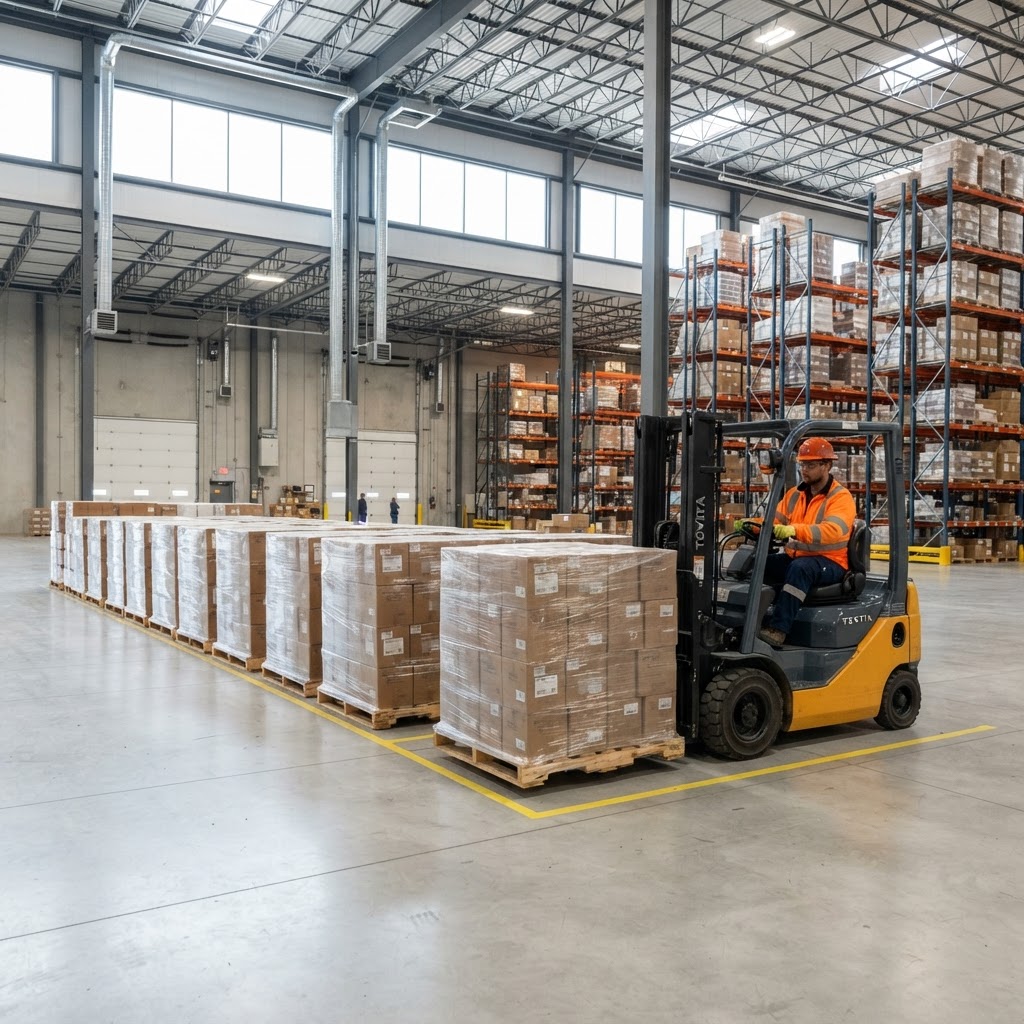 Organized warehouse staging area with pallets and forklift