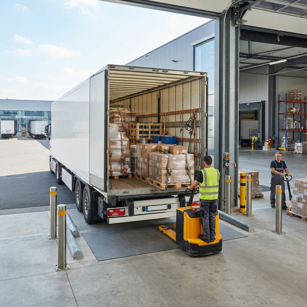 Modern transport truck loading pallets at a warehouse dock