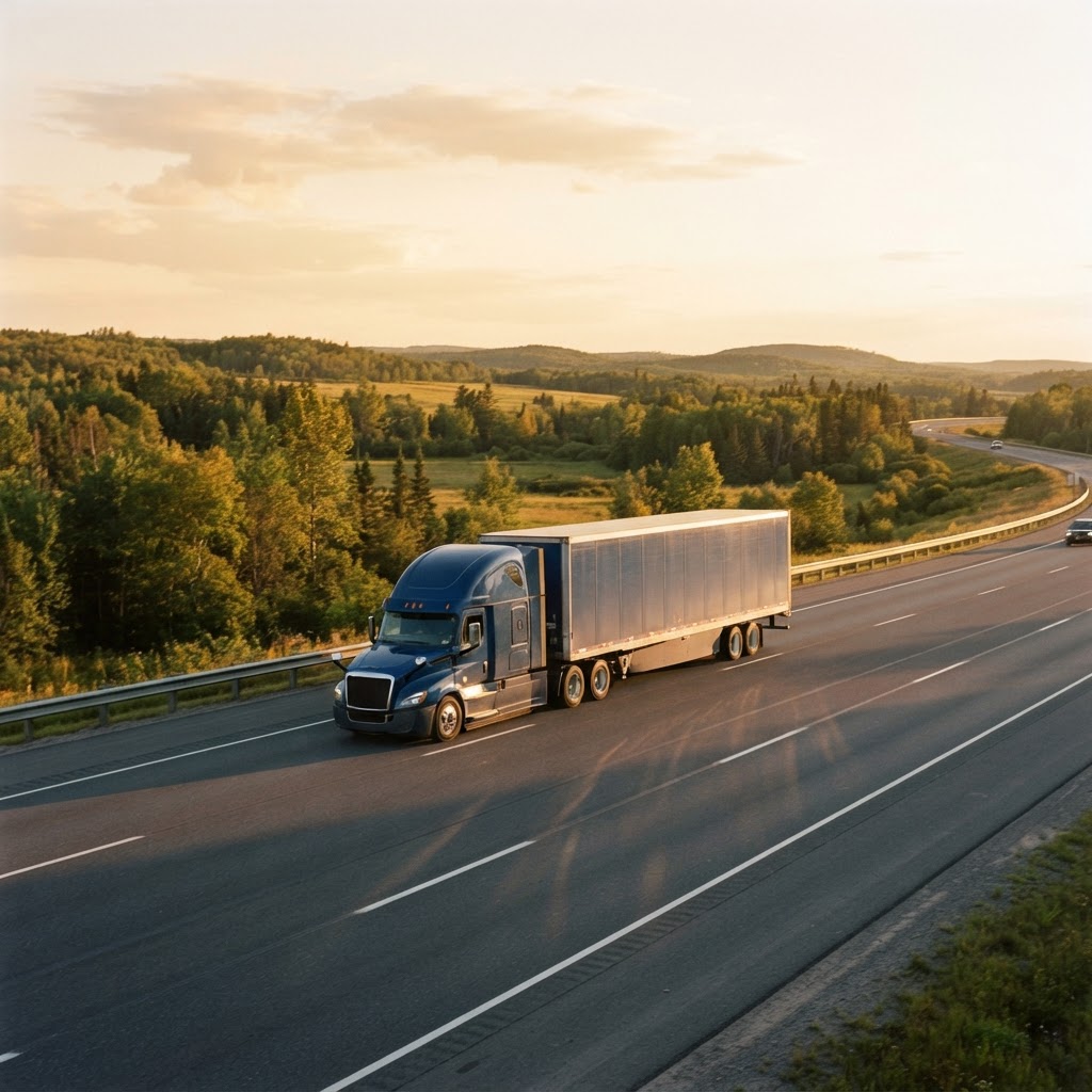 Transport truck moving along a highway at sunset