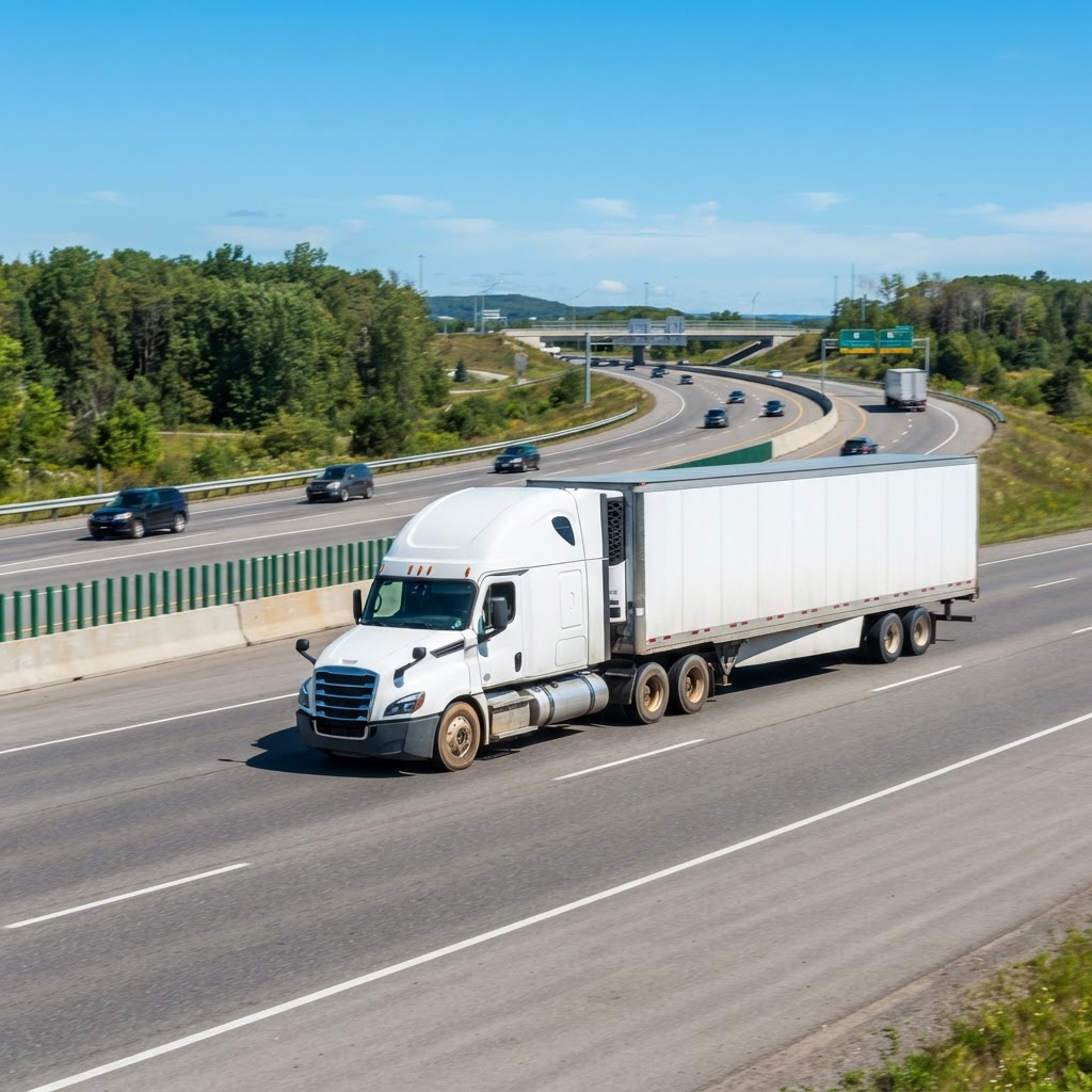 Modern freight truck driving on a highway
