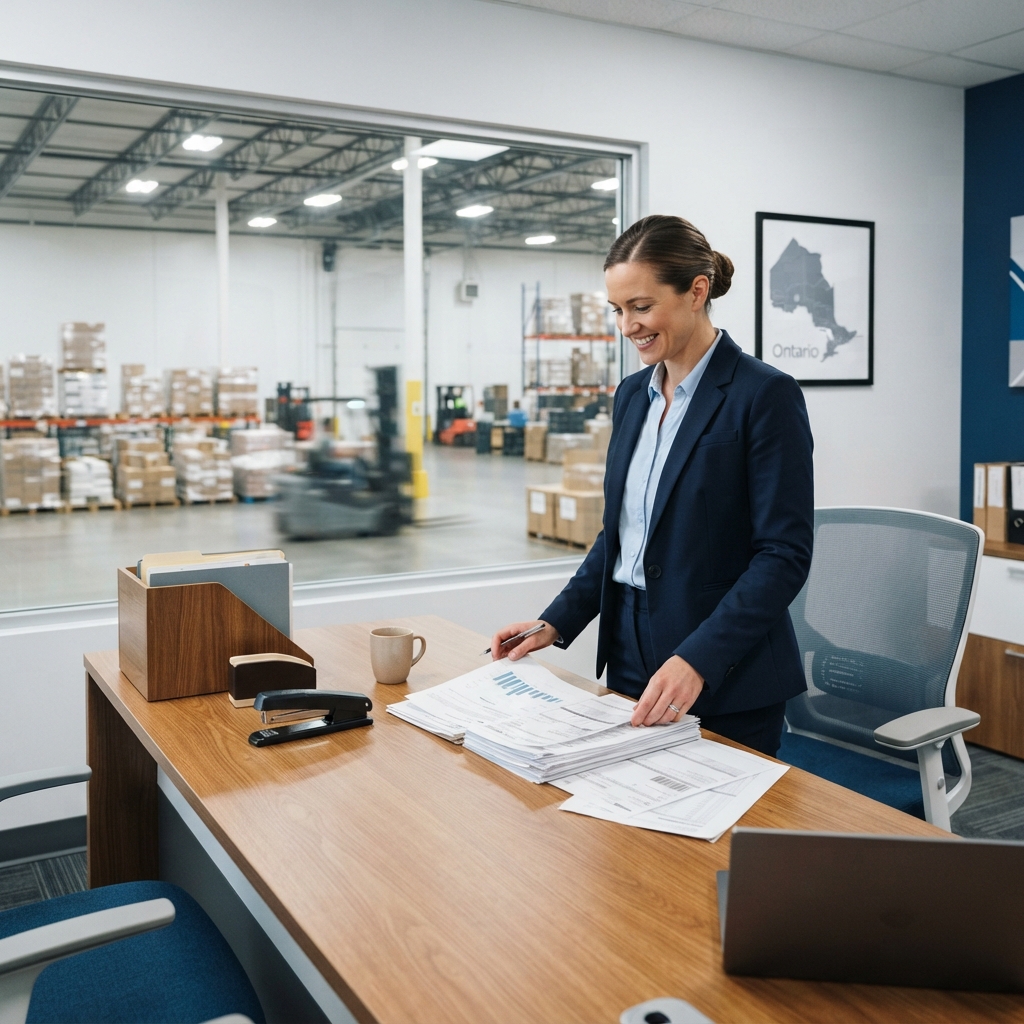 Logistics manager reviewing organized shipping paperwork at a desk