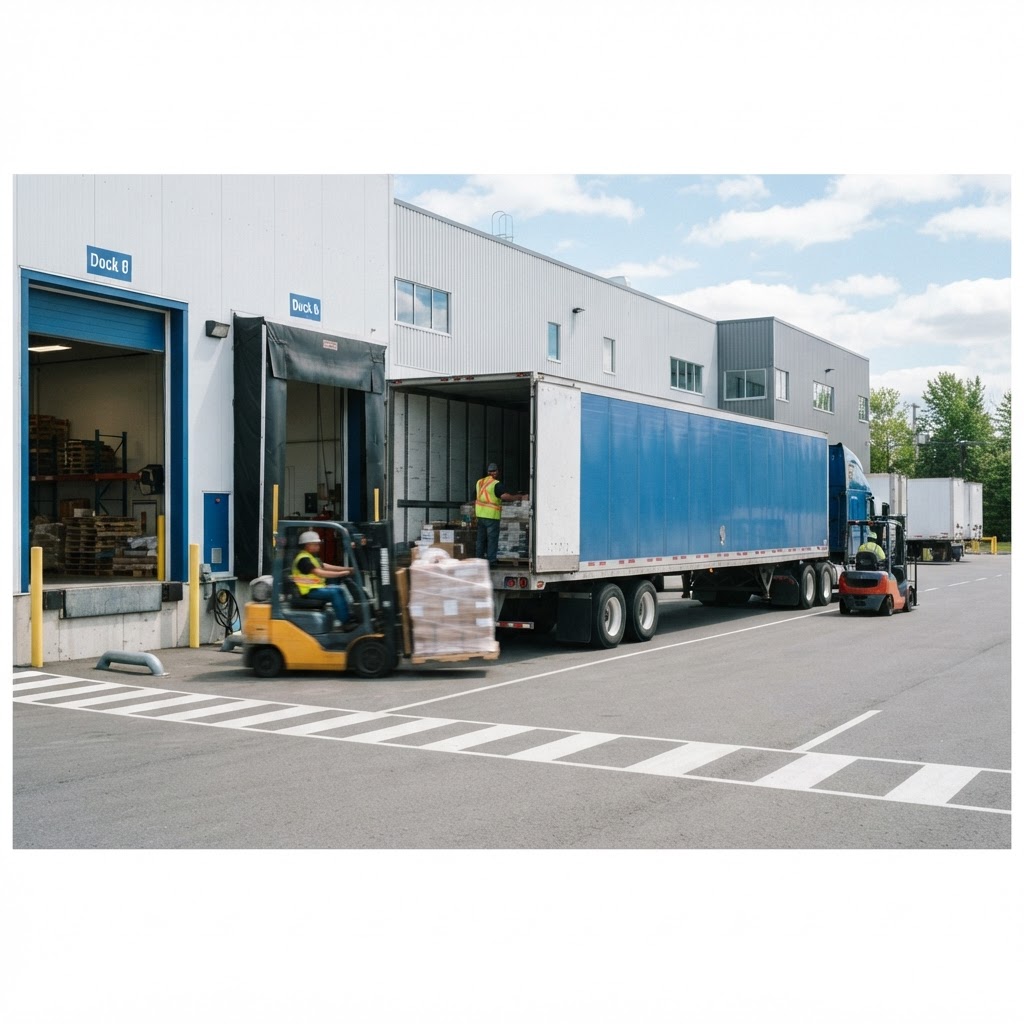 Forklift operator loading a transport trailer at a warehouse dock