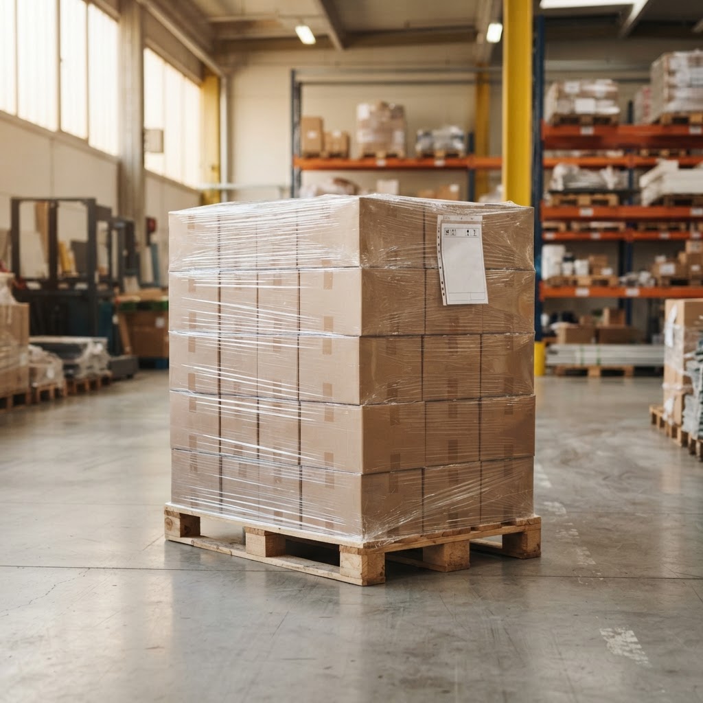Neatly prepared freight pallet staged in a warehouse