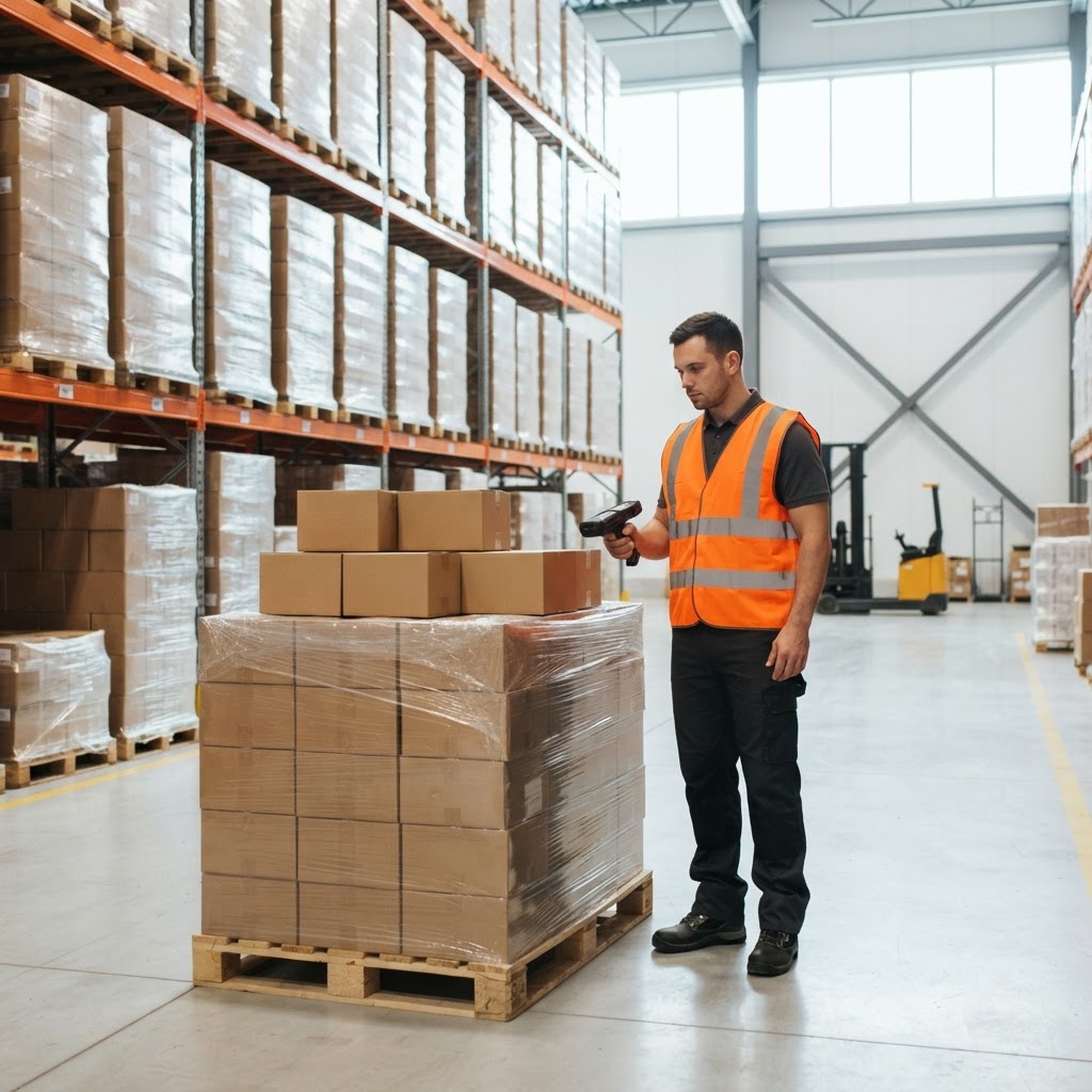 Warehouse worker managing staged freight pallets