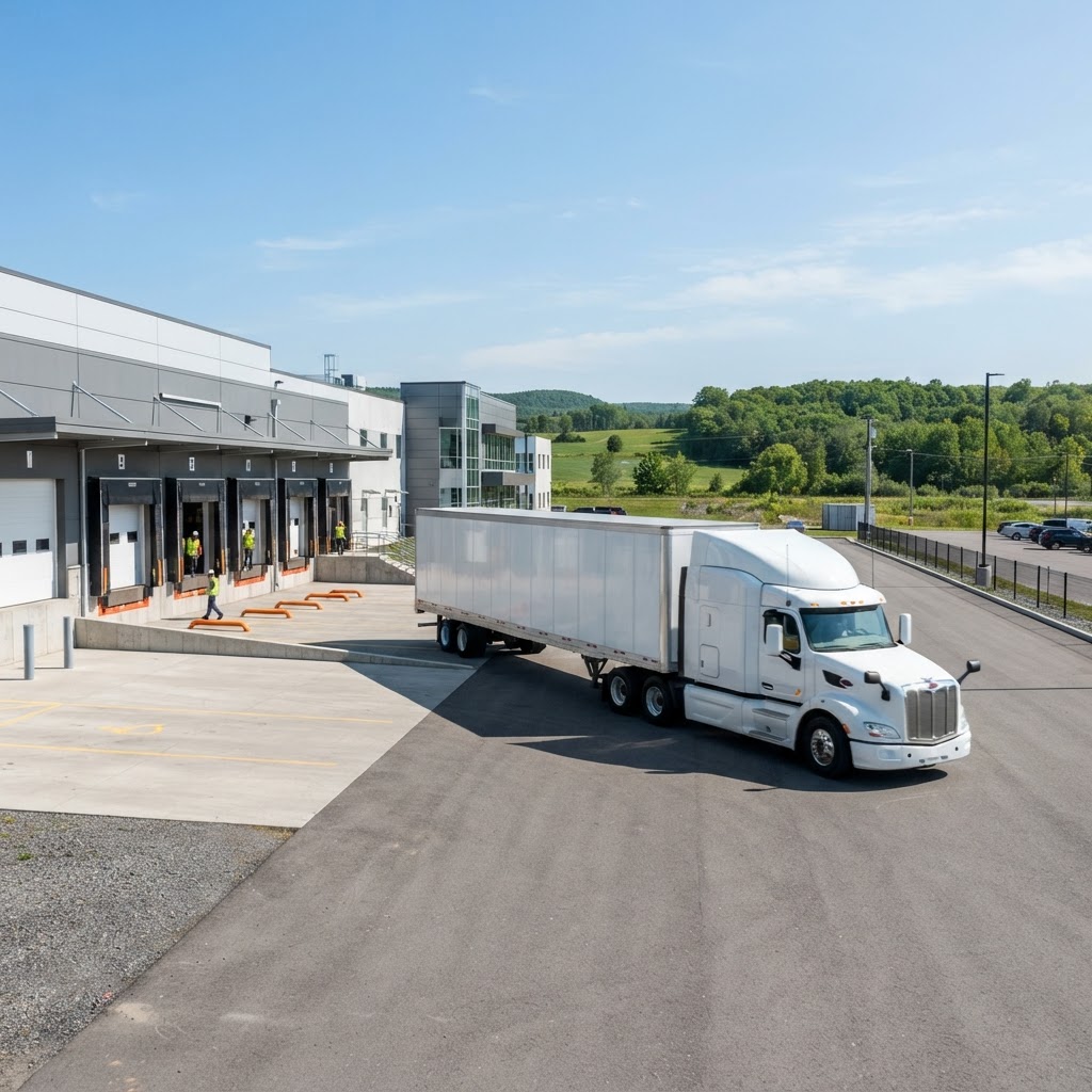 Transport truck departing a professional loading dock
