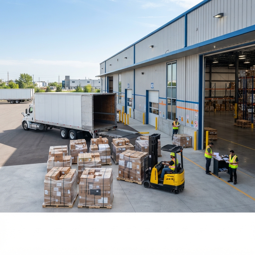 Transport truck at warehouse loading dock with palletized freight