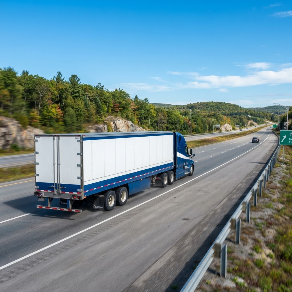 Transport truck driving along a Canadian highway corridor