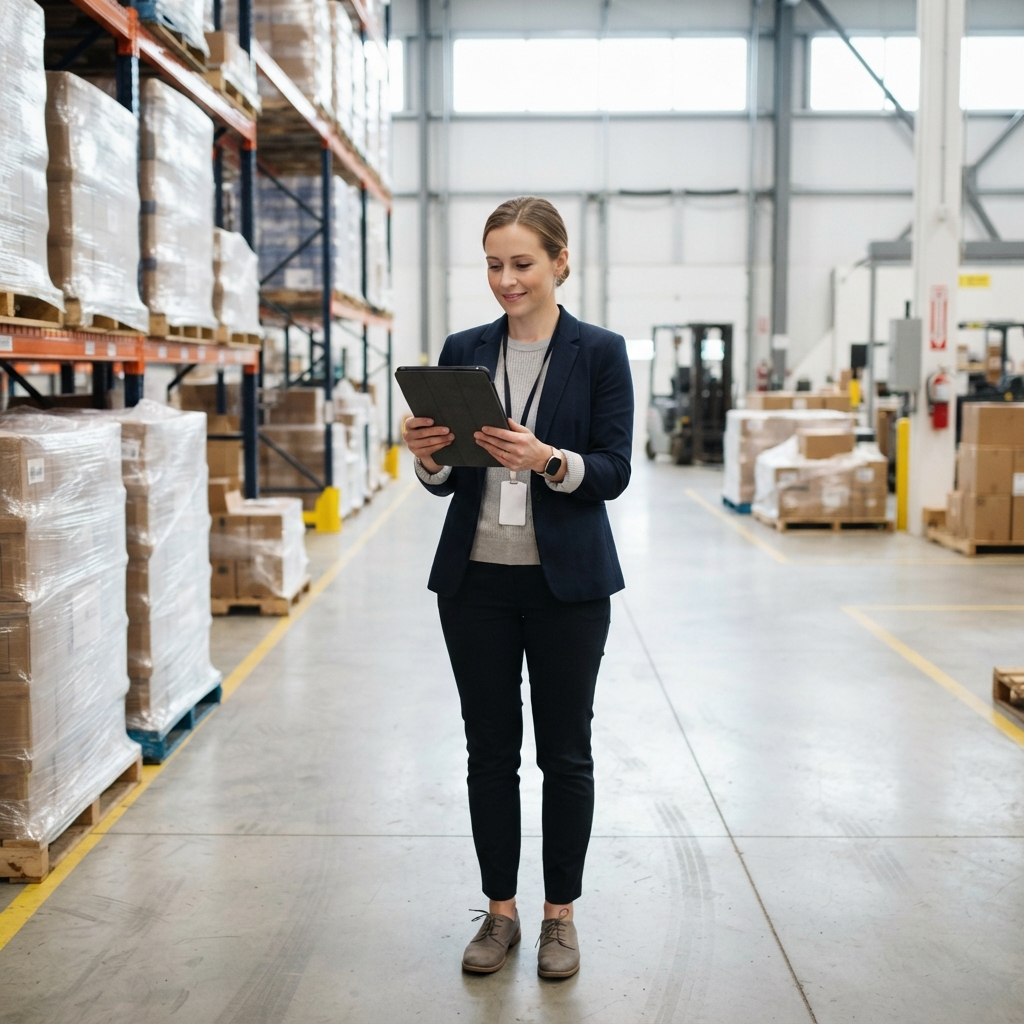 Logistics manager reviewing shipping status on a tablet in a warehouse