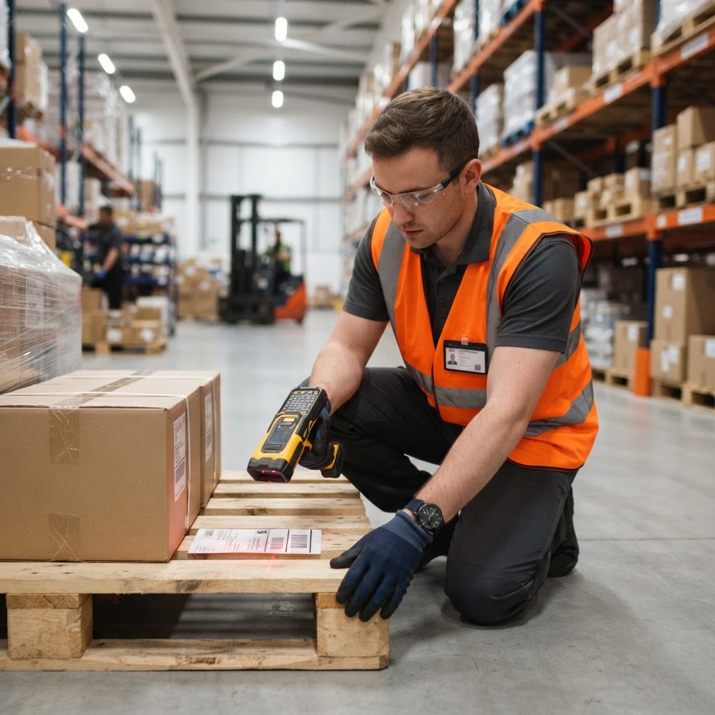 Warehouse worker scanning freight in a modern facility