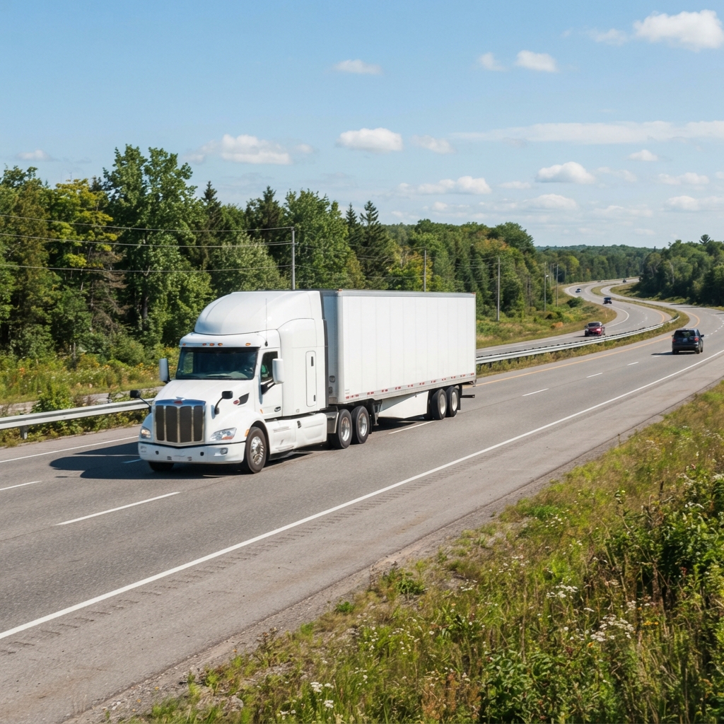 Transport truck moving along a highway during the day