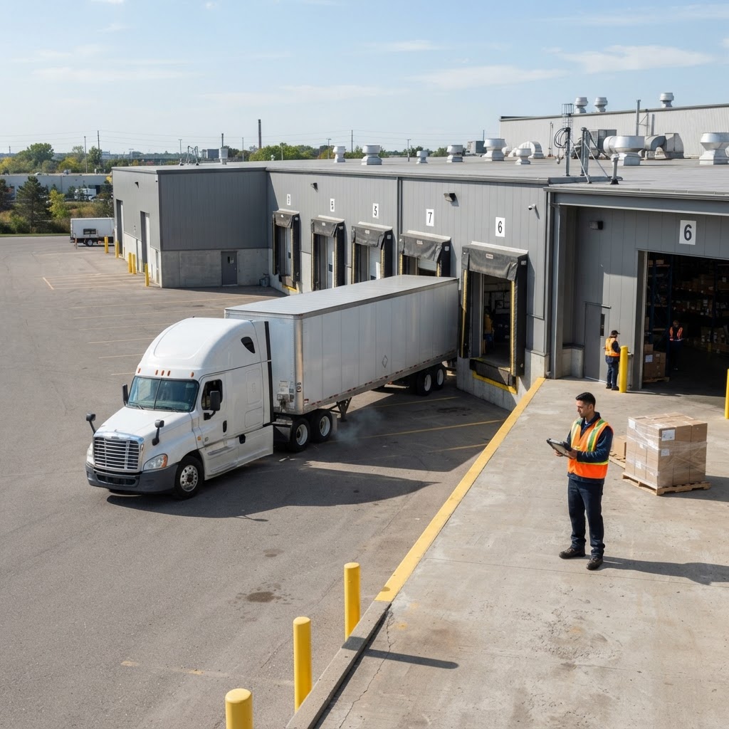 Transport truck arriving at a clean warehouse dock