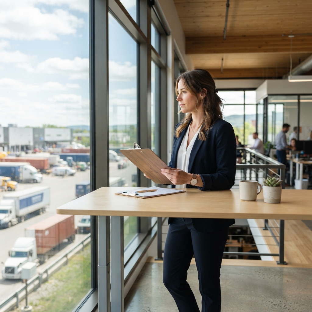 Logistics coordinator looking out of an office window at a loading facility