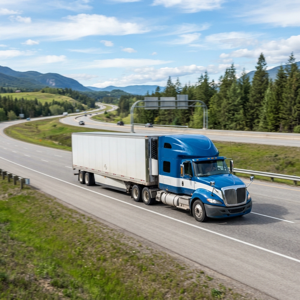 Transport truck traveling on a major highway corridor