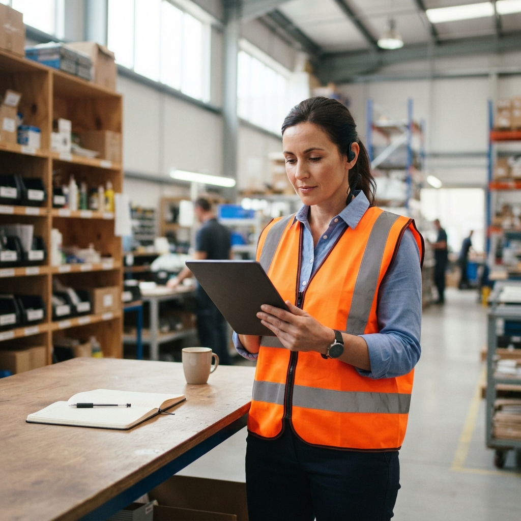 Logistics manager calmly reviewing shipping details