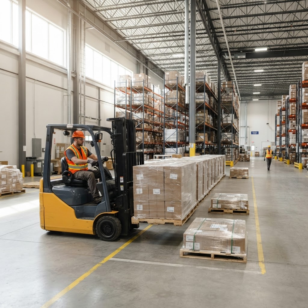 A warehouse worker moving pallets in a clean bright facility.