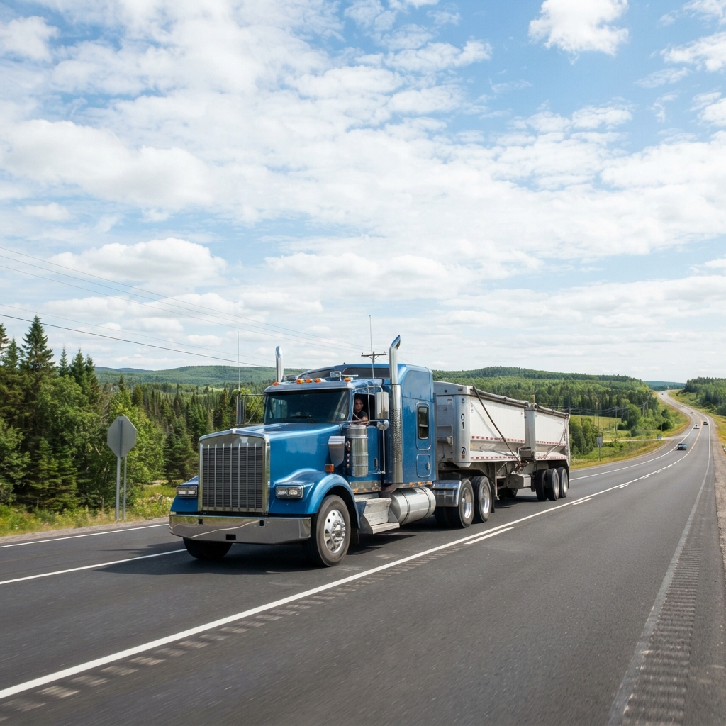 A commercial truck transporting goods on a clear highway.