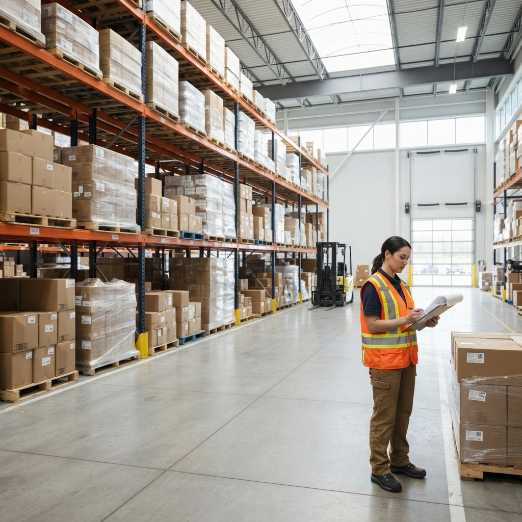 Warehouse worker organizing pallets for shipping