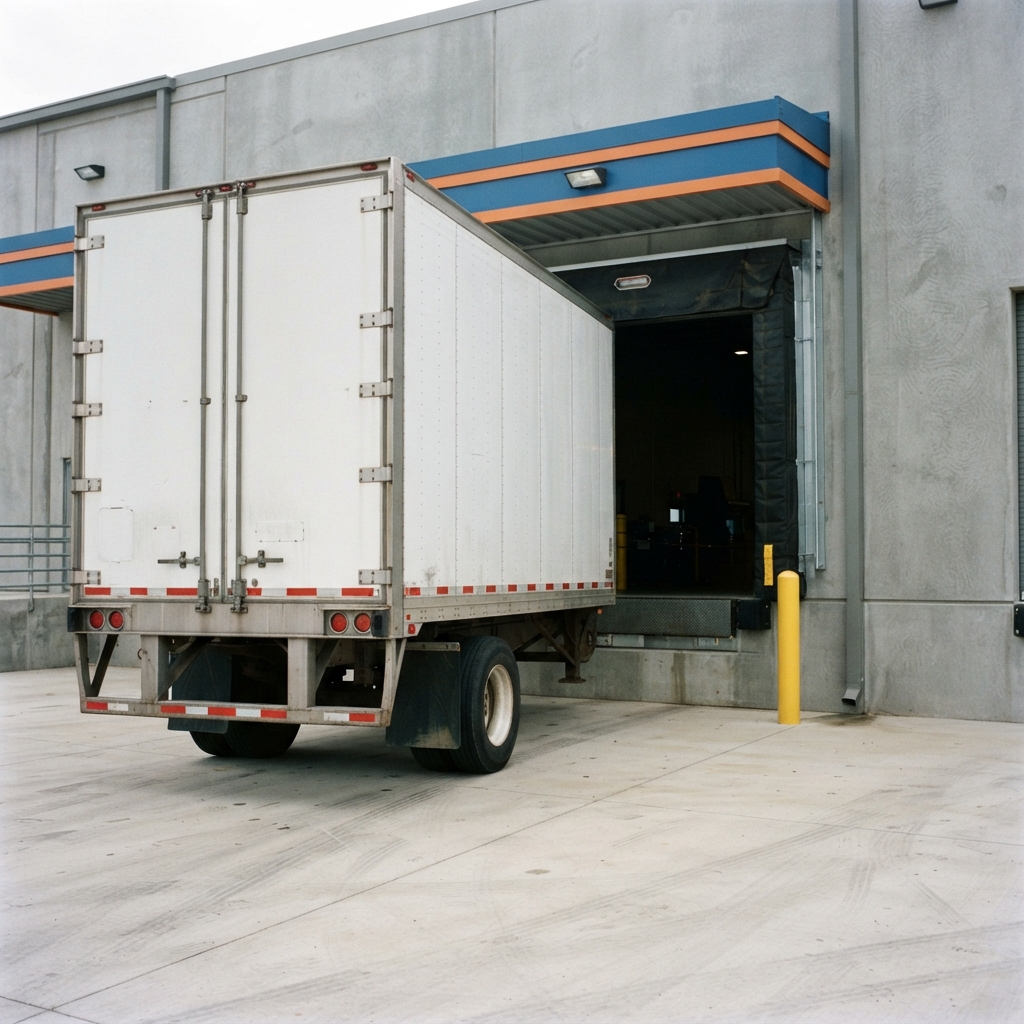 Transport truck backing into a loading dock