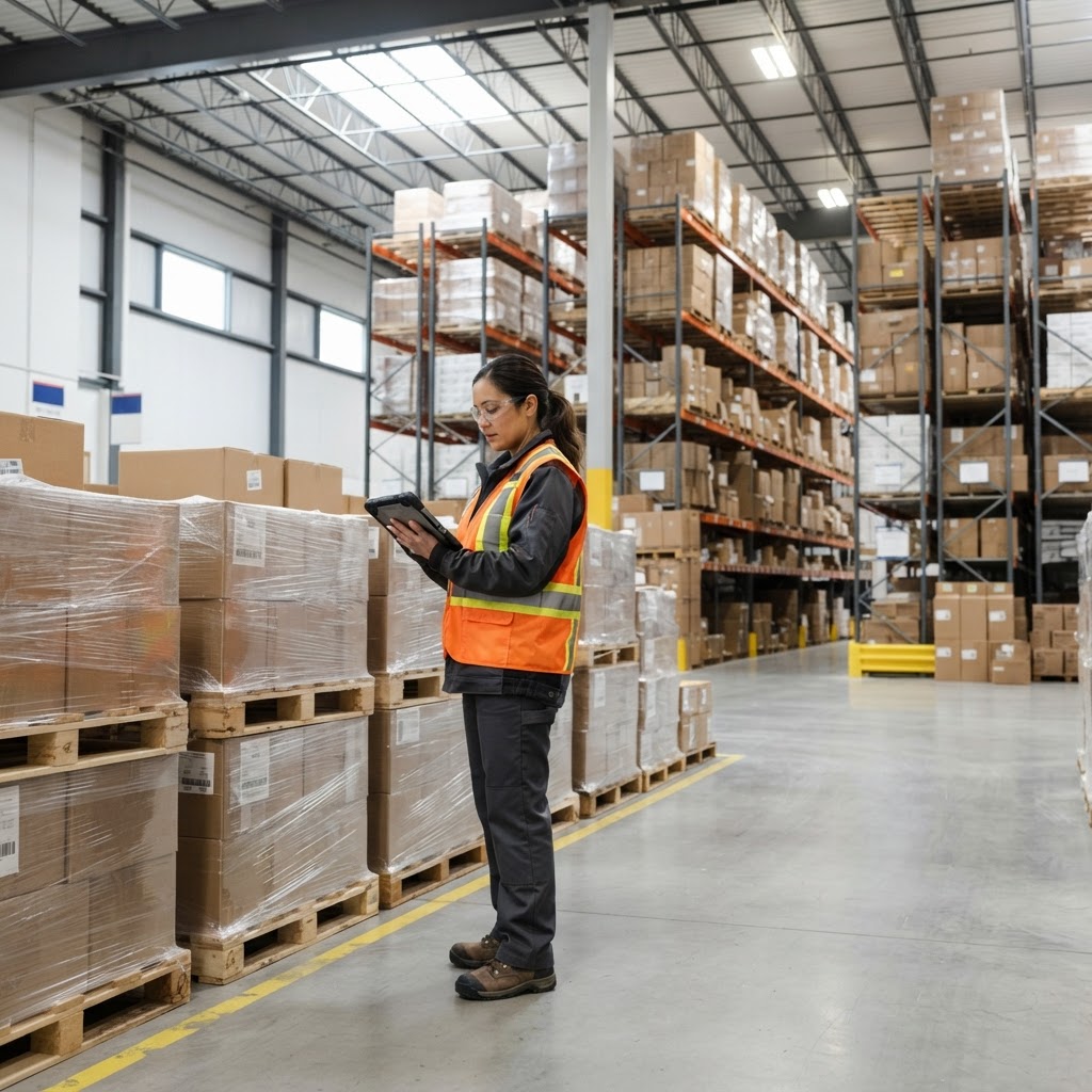 Warehouse worker checking shipping details on a tablet