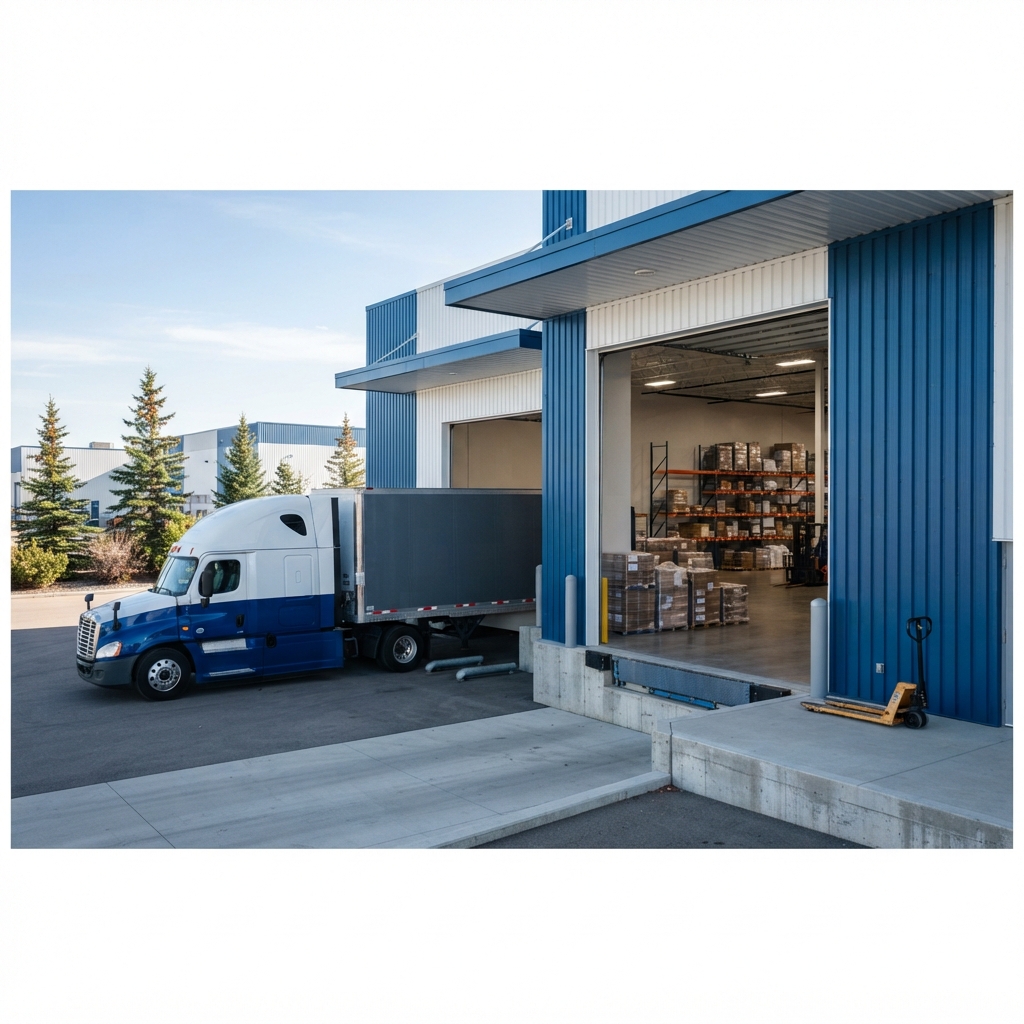 Modern freight loading dock with parked transport truck