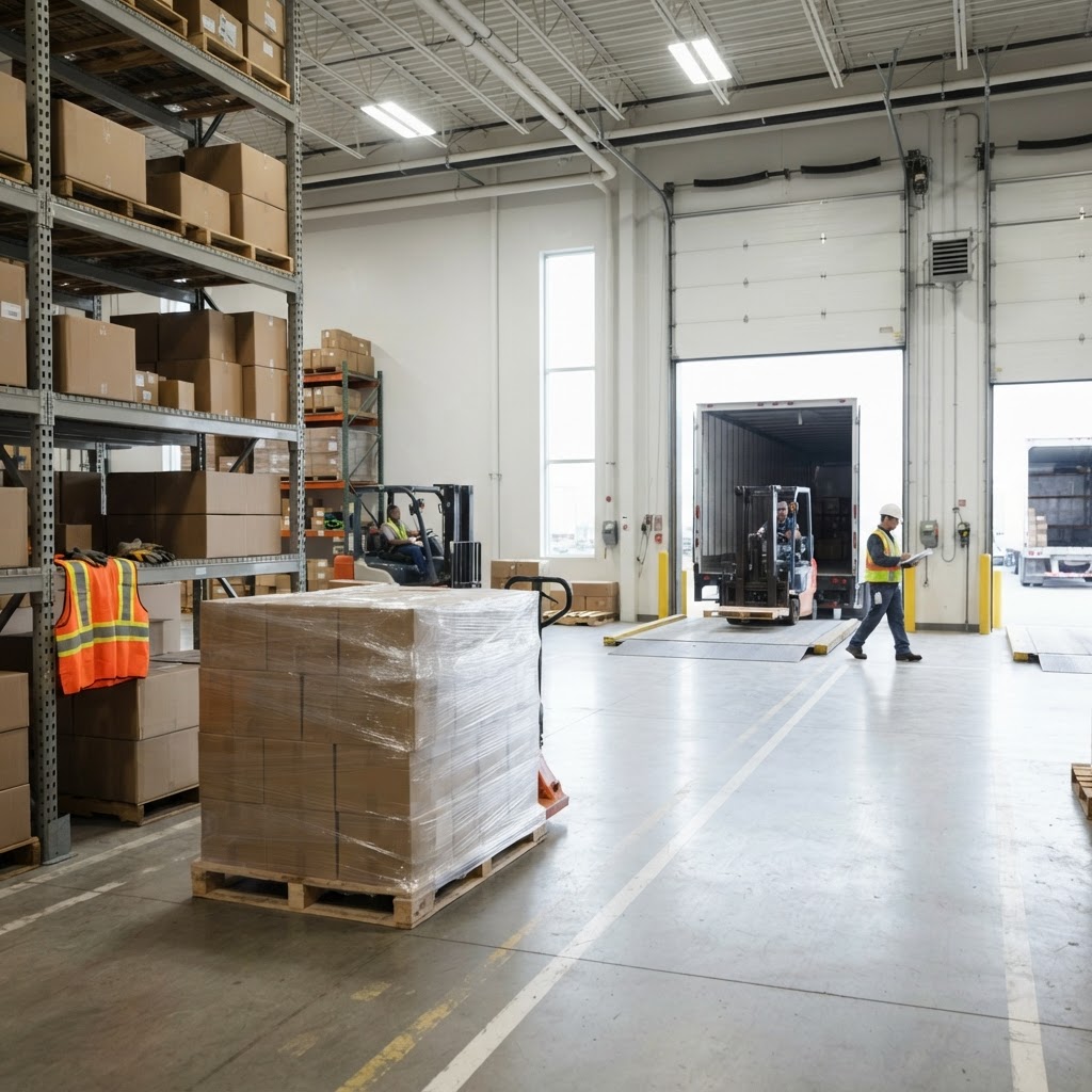 A wrapped pallet ready for pickup in a warehouse