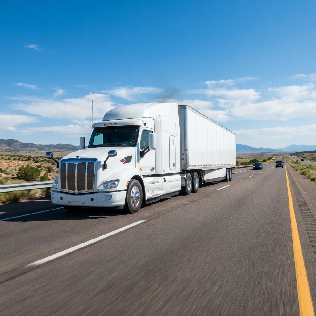 A transport truck driving down a highway