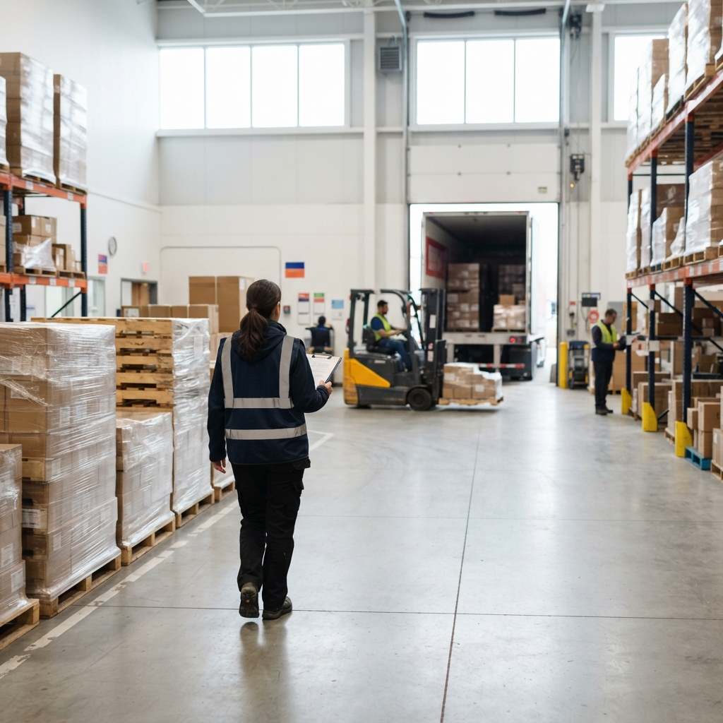 Logistics manager walking through an organized warehouse