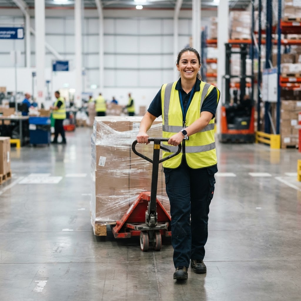 Worker moving pallets in a clean warehouse