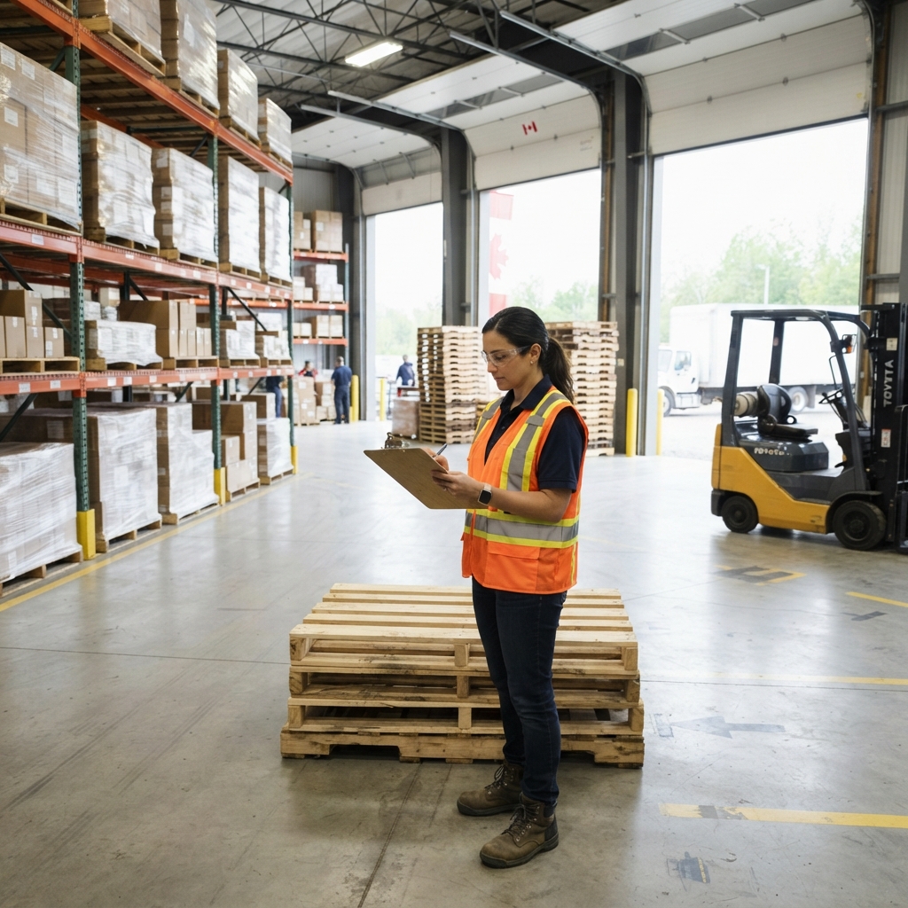 Organized warehouse floor with pallets and worker