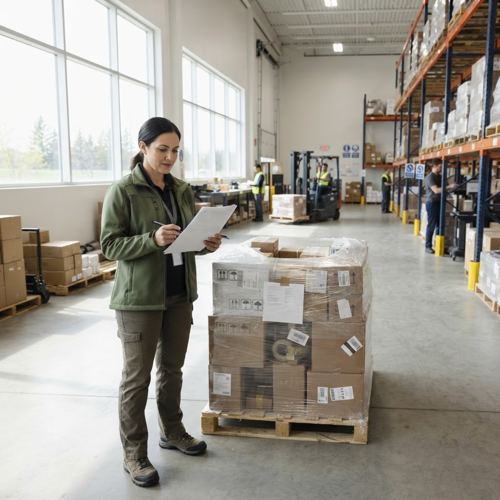 Logistics coordinator reviewing shipping documents in a warehouse