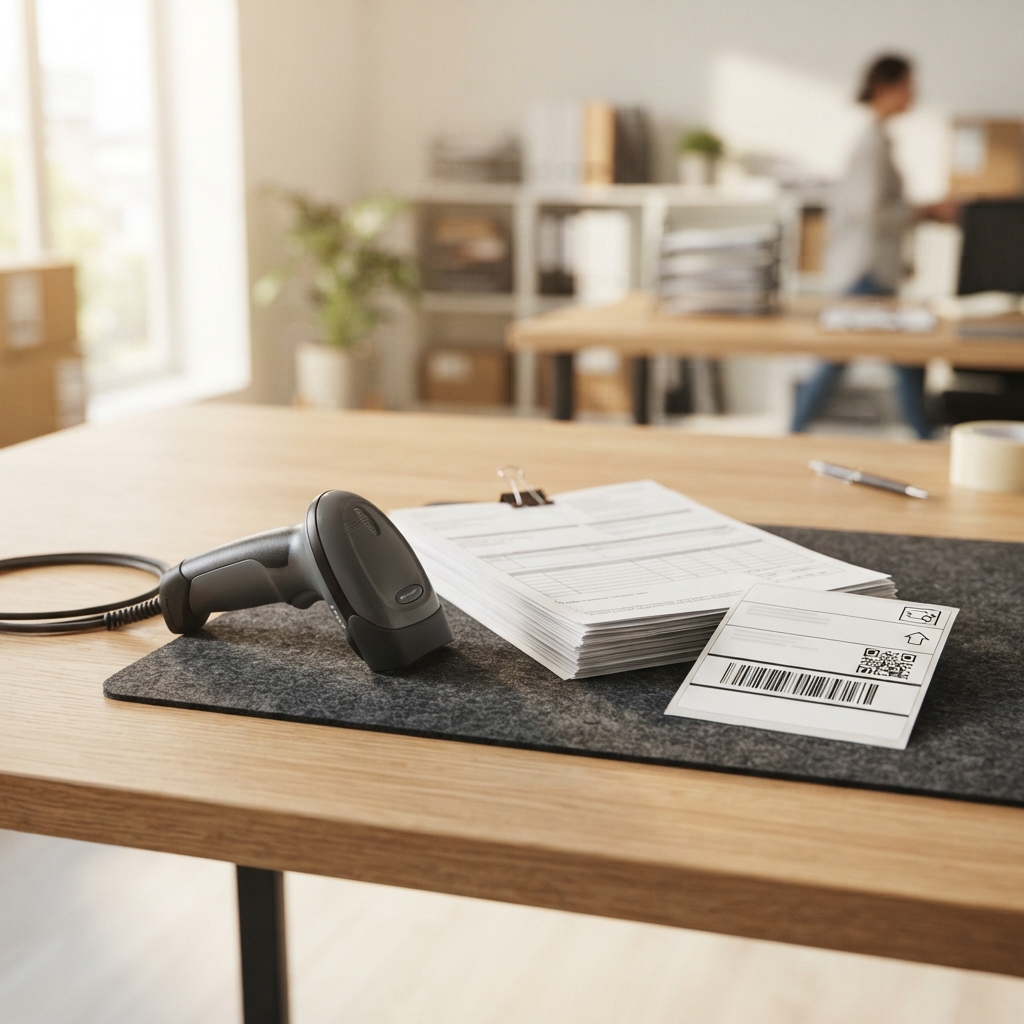 Organized shipping documents and scanner on office desk