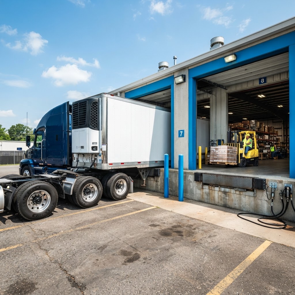 Semi trailer truck at warehouse loading dock