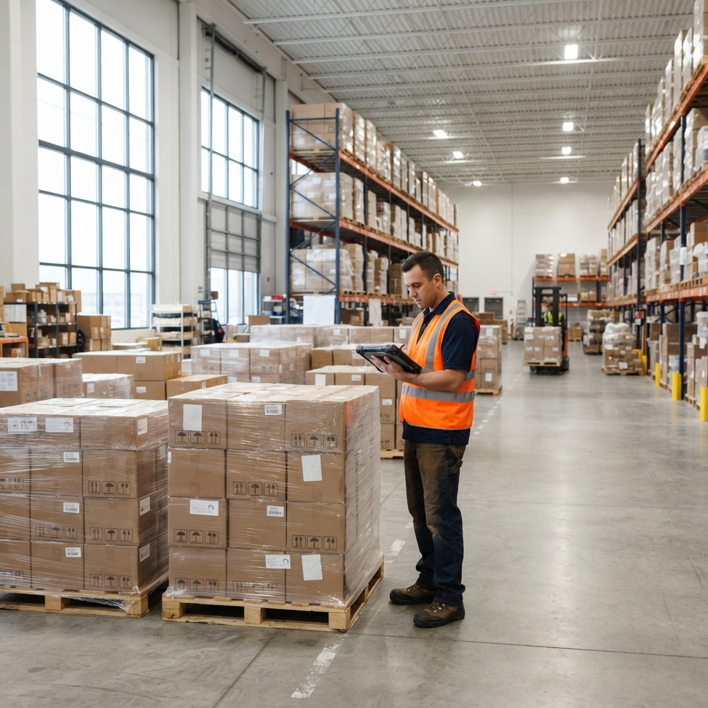 Warehouse worker preparing pallets for shipment
