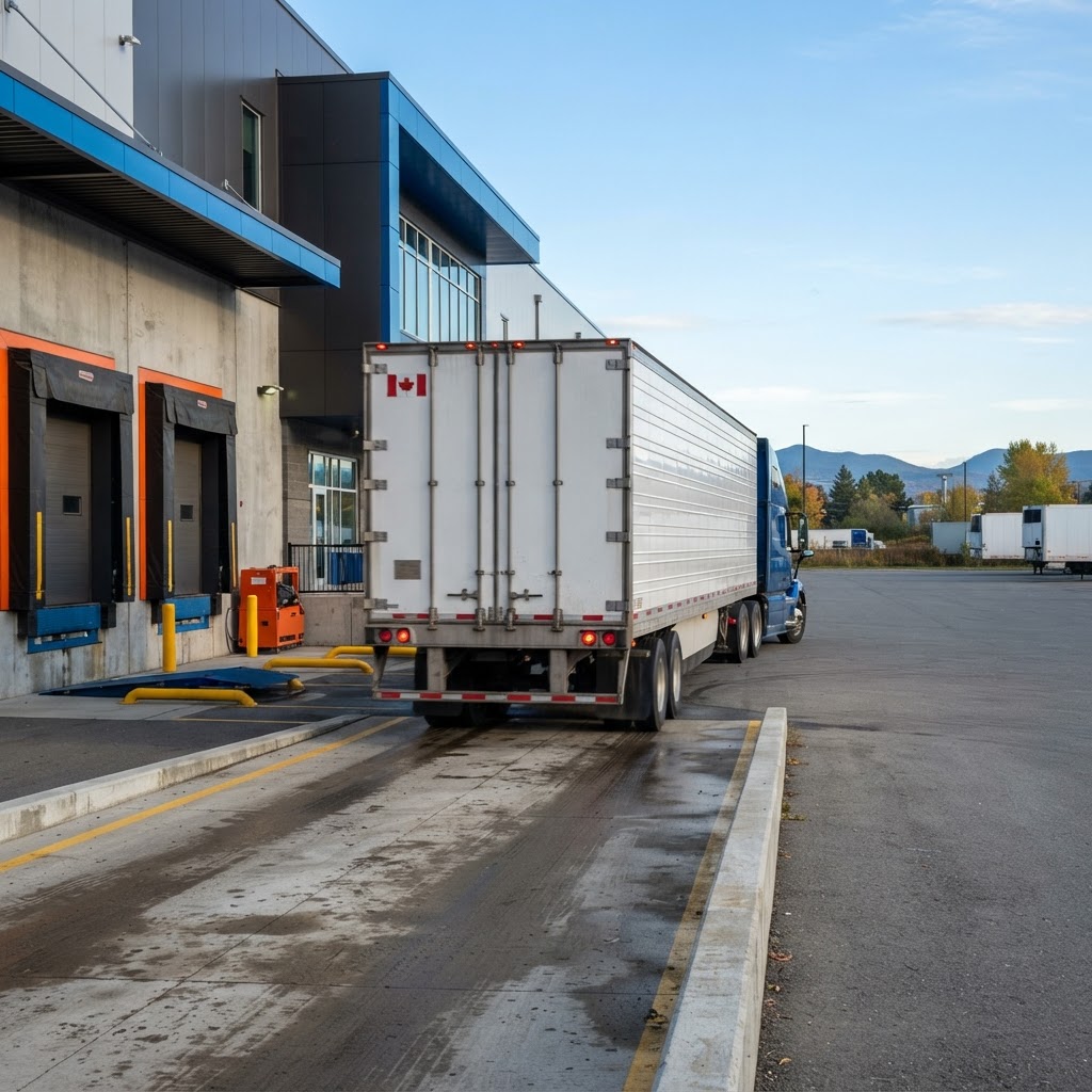 Transport truck departing a loading dock