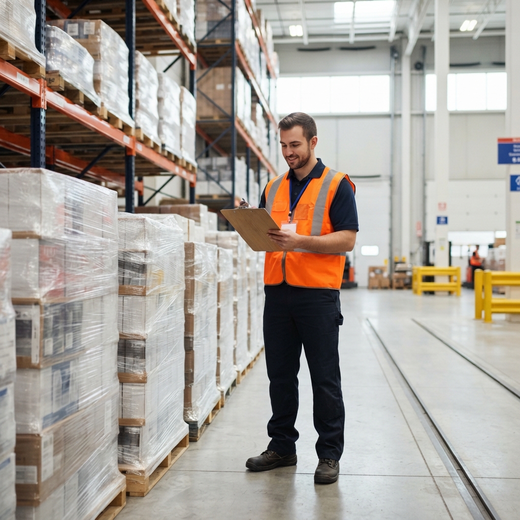 Warehouse worker checking shipping documentation