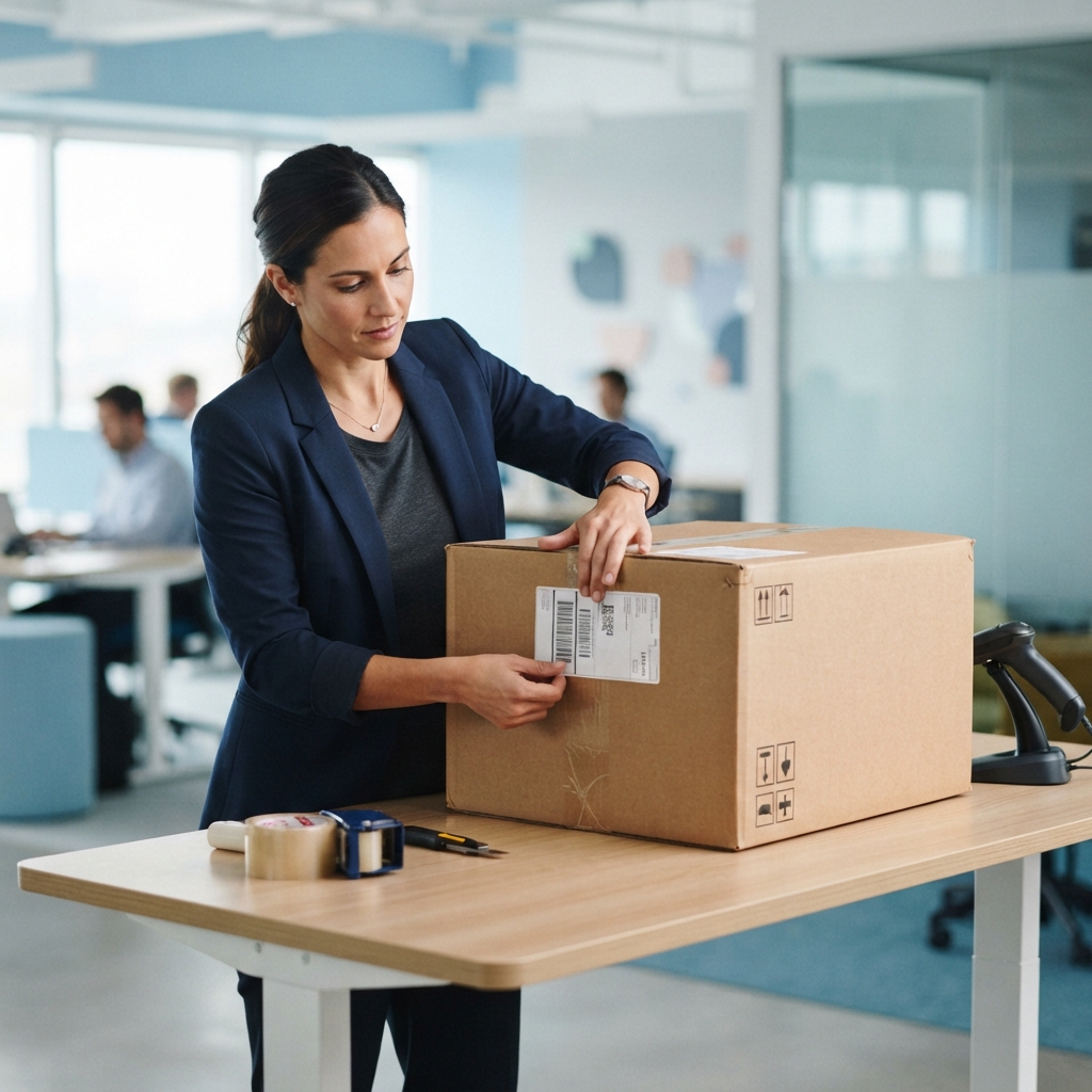 Logistics manager labeling large freight for shipping