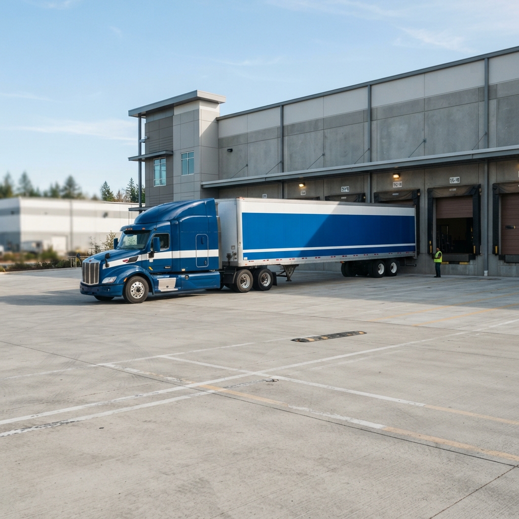 Transport truck leaving a warehouse loading dock