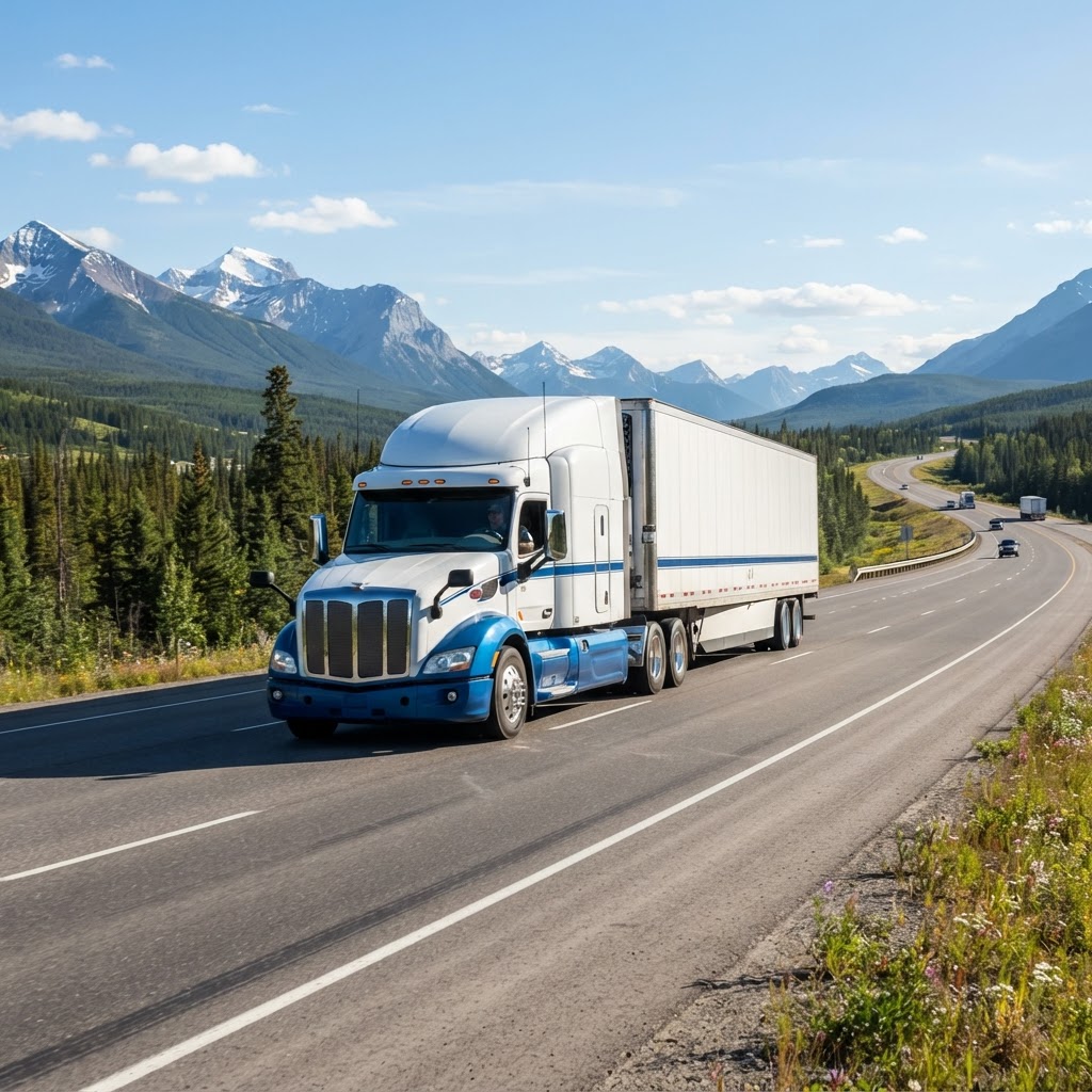 Transport truck moving along a highway