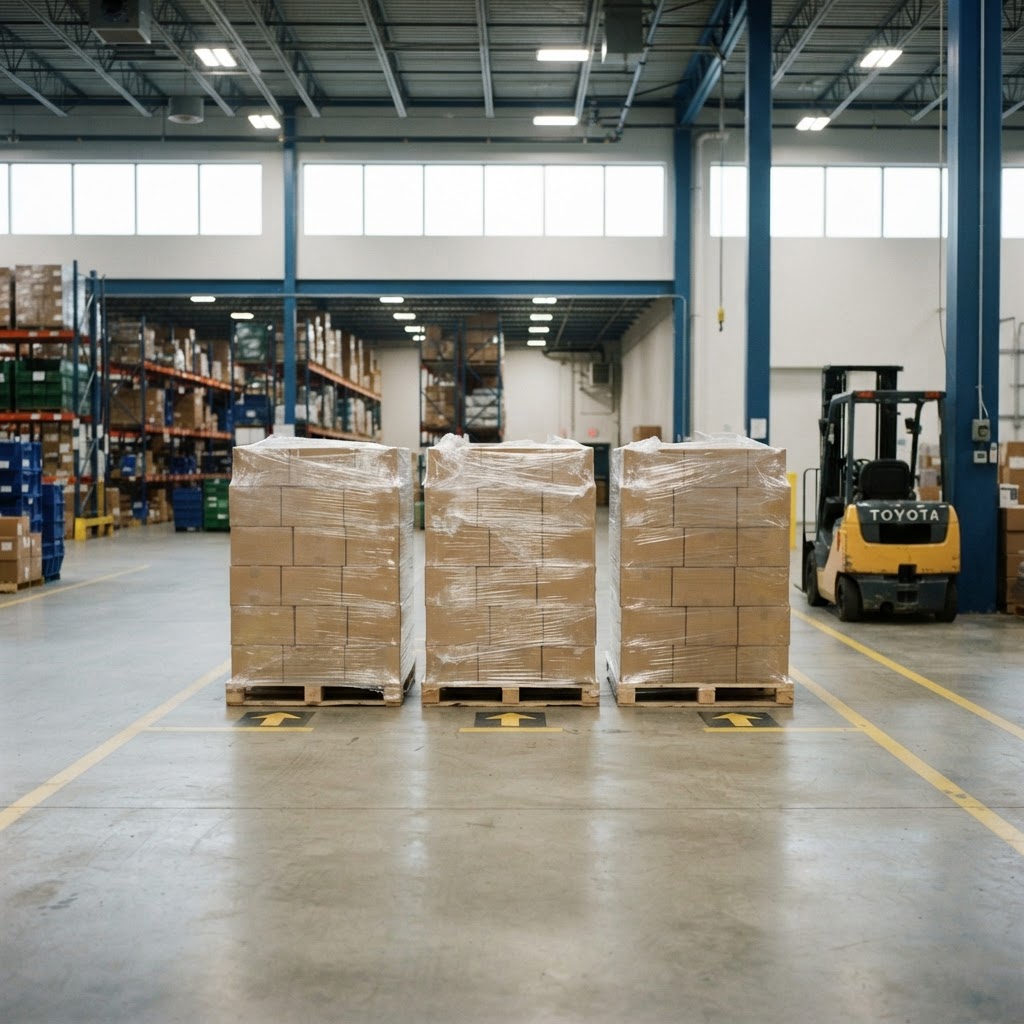Clean warehouse loading area with wrapped shipping pallets