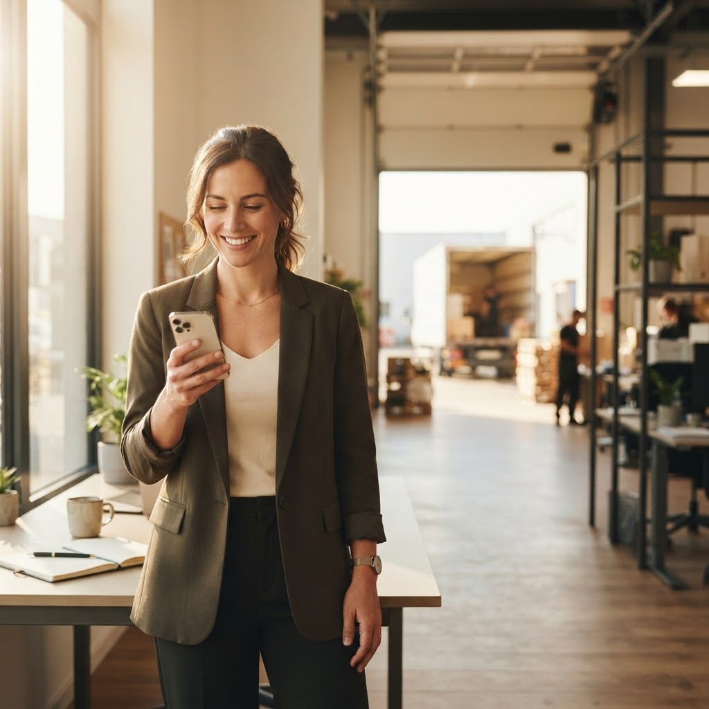 Logistics manager smiling confidently in a modern workspace