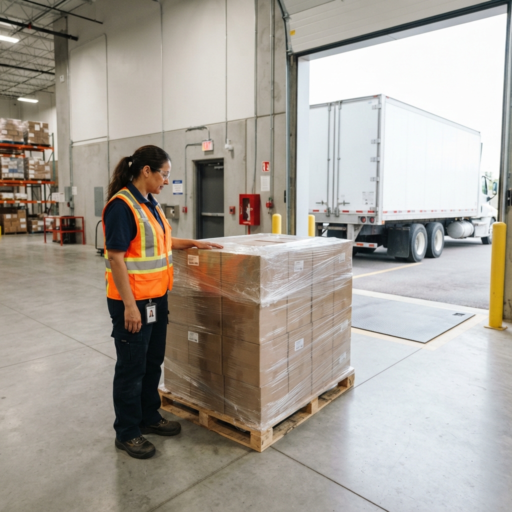 Logistics worker inspecting a prepared pallet in a warehouse loading dock