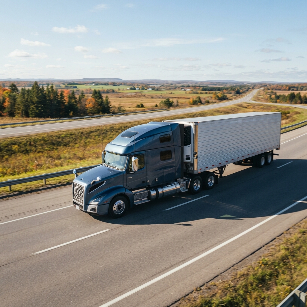 A transport truck driving on a highway during a clear morning