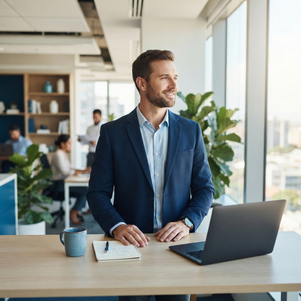 Logistics manager smiling confidently in a modern office