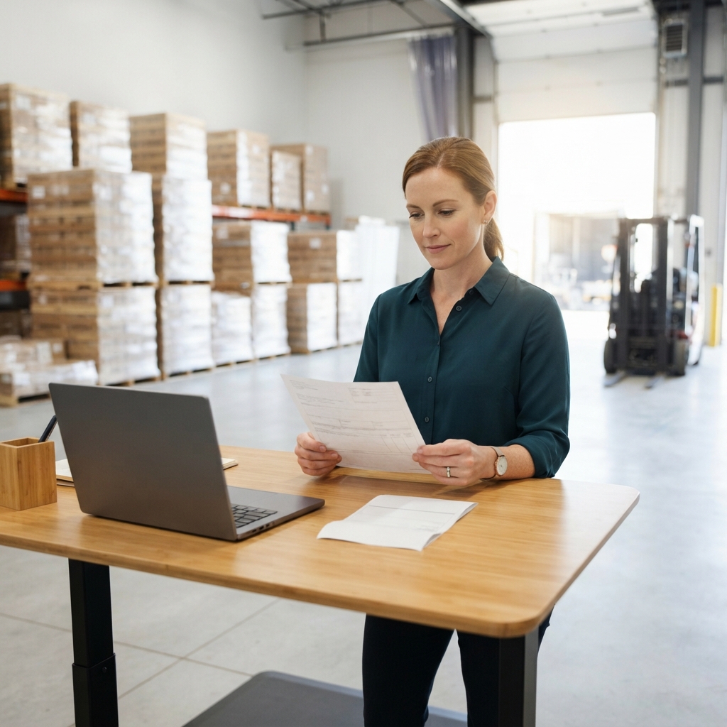 Logistics coordinator reviewing shipping documents in an organized warehouse