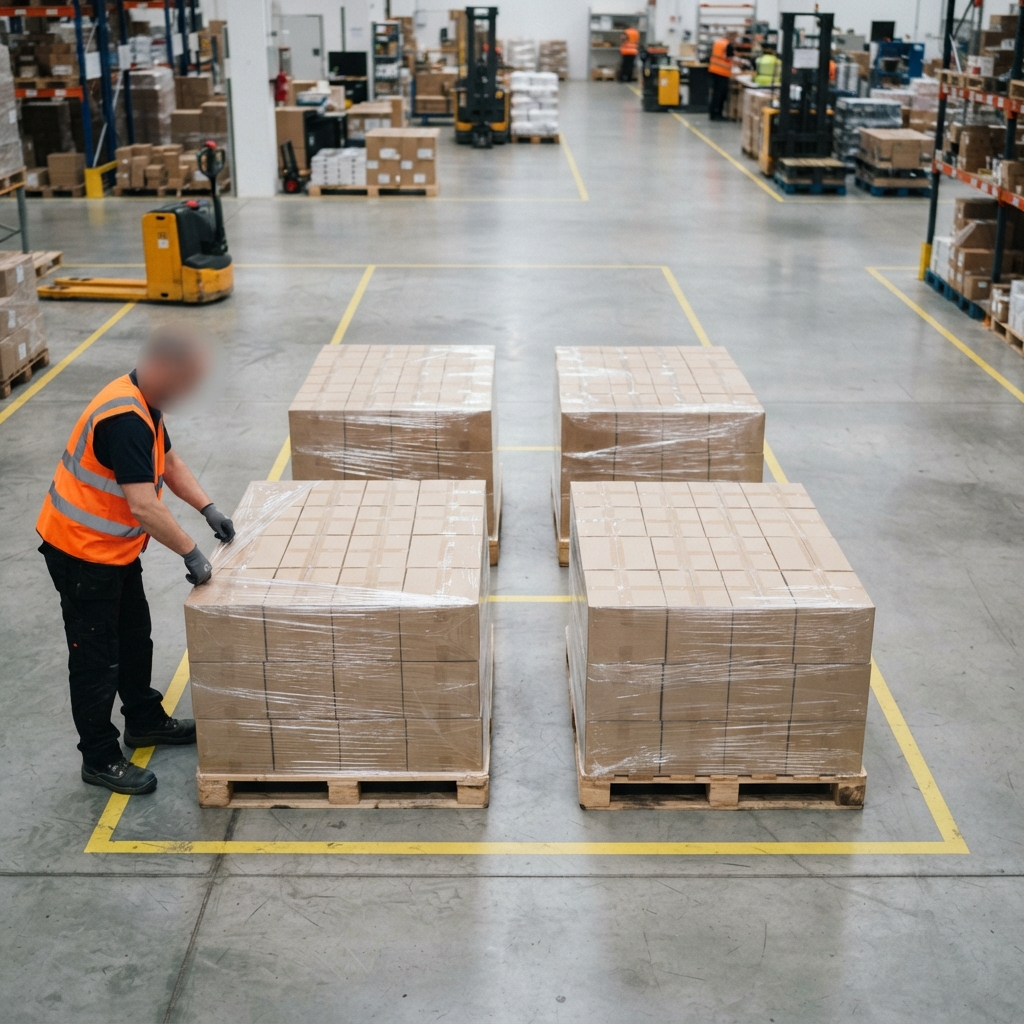 Organized pallets staged for shipping in a warehouse