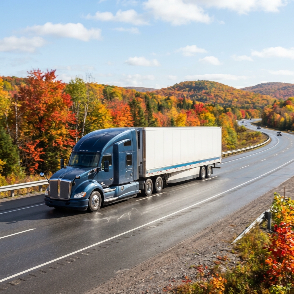 Transport truck moving along a Canadian highway